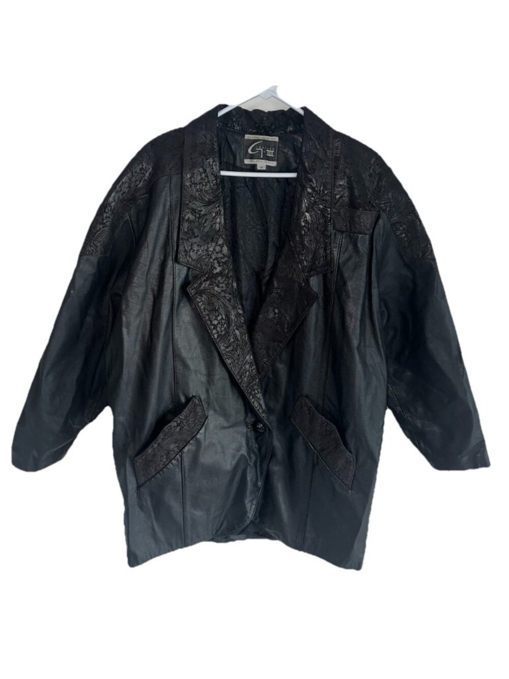 G-III Women’s Leather Jacket Black Embossed Suede Accents Shoulder Pads Medium